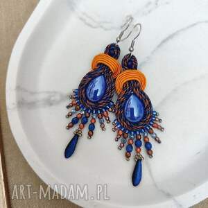 Kolczyki sutasz boho chic z ceramiką - granat i pomarańcz
