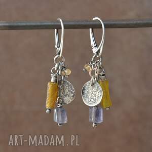 Kolczyki ze szkłem antycznym i iolitem, iolit, szkło antyczne