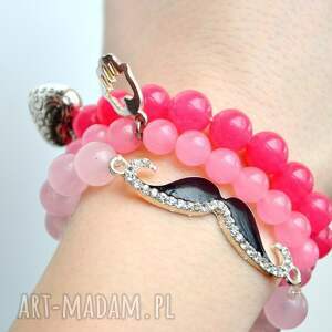 ręcznie wykonane bracelet by sis: czarne wąsy z cyrkoniami w jasno różowych