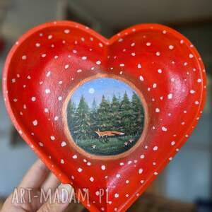 Drewniana misa-serce z lisem i muchomorem handmade