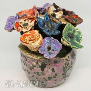 komplet ceramiczne kwiaty i wazon ozdoba handmade dekoracje