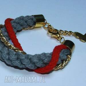handmade szaro - czerwono - złota bransoletka ze sznurków bawełnianych