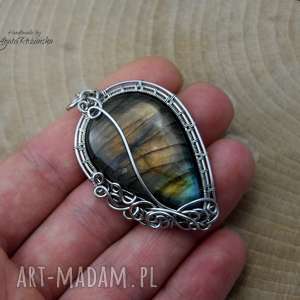 handmade wisiorki wisiorek labradoryt, wire wrapping, stal chirurgiczna