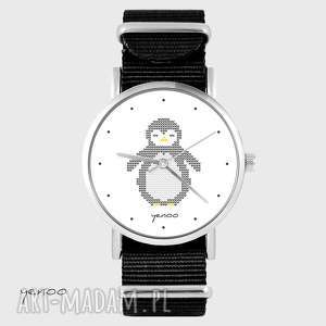 zegarek - pingwin, dziergany czarny, nato, bransoletka unikatowy, prezent