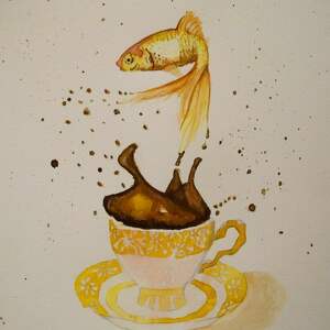 złota rybka kawy - akwarela a4 - rozlewająca kawa ręczna akwarela