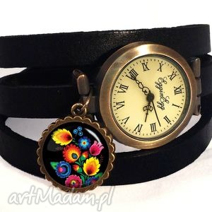 folk - zegarek/bransoletka na skórzanym pasku ludowa, prezent, kwiaty