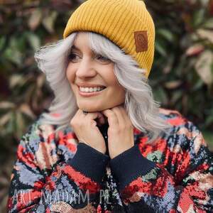 bawełniana czapka beanie logo ekoskórka miodowa musztarda, czapka beanie