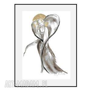 Prezent skrzydlaty ze złotem grafika malowana i złocona ręcznie 21cm