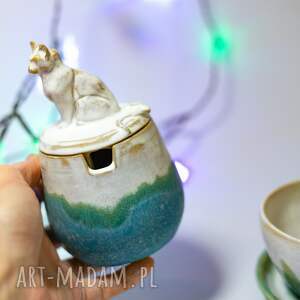 handmade ceramika urokliwa cukiernica z kotem - lodowy turkus na prezent - dla kociary