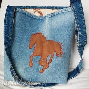 torba z jeansu na ramię aplikacją konia, recykling denim modna