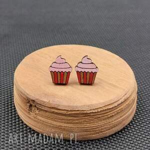 Kolczyki drewniane RÓŻOWE, muffiny, babeczka, deser