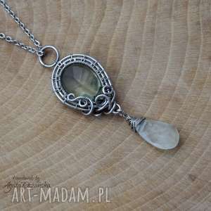 handmade wisiorki wisiorek ametyst zielony i prehnit, wire wrapping, stal chirurgiczna