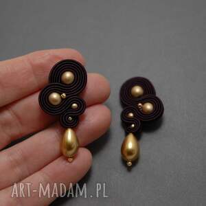 bakłażanowo złote kolczyki sutasz, sznurek, eleganckie, wieczorowe