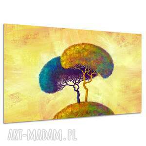 Obraz dwa drzewa na wzgórzu 120x80 cm - żółty i turkusowy pejzaż