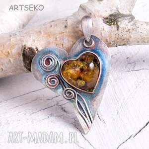 handmade wisiorki serce z bursztynem wisior srebrny a127