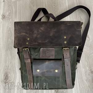 plecak ze skóry i bawełniany zielono - brązowy vintage