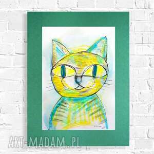 ręcznie zrobione pokoik dziecka kolorowy rysunek z kotkiem, nowoczesna grafika z kotkiem