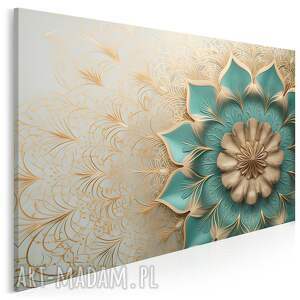 obraz do salonu - turkusowy kwiat złote ornamenty motyw mandali 70x50 cm