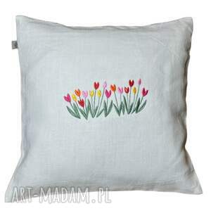 poduszka lniana 40x40 cm z haftem tulipany wkład gratis, lnu