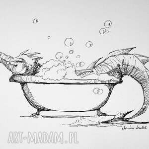 smoczyca w kąpieli rysunek piórkiem artystki adriany laube - smok, fantasy