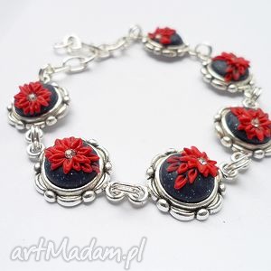bransoletka z kwiatem czerwonym, fimo, granatowy, posrebrzana, embroidery