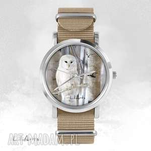 handmade zegarki zegarek, bransoletka - biała sowa beżowy, nato