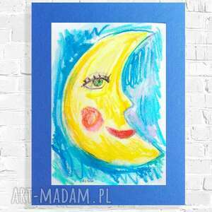 bajkowy rysunek z księżycem, księżyc obraz do dziecięcego pokoju, malowany