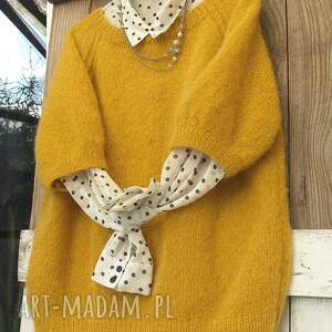 moherowy sweterek z krótkim rękawkiem - miodowy kolor wiosnę i lato robiony