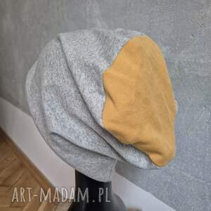 czapka damsko - męska szaro - żółta brzegi wykończone ostro dzianinowa bez