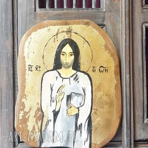 "chrystus wszechwładny" ikona na teakowym drewnie, ręcznie malowana i złocona, 22cm x