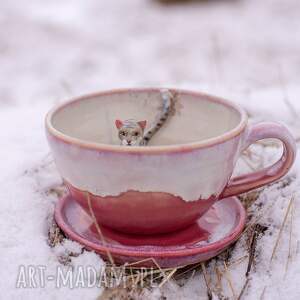 Prezent Filiżanka z kotem - Różowa chmurka rękodzieło - ok 300ml /
