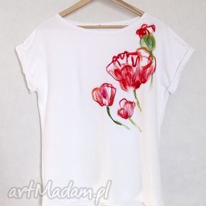 handmade bluzki koszulka malowana wełną - maki S / M