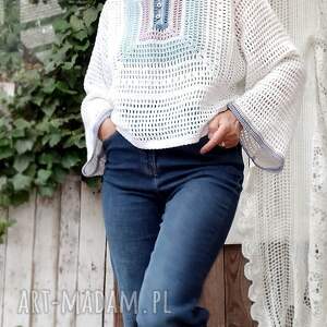 szydełkowa bluzka, sweterek, bawełniany, biało-niebieski sweterek na lato