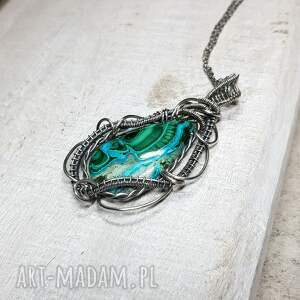 wisiorek malachit z azurytem s182, wire wrapping, rękodzieło, naszyjnik