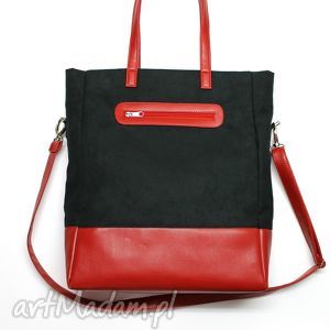 handmade pod choinkę shopper bag - zamsz czarny i skóra czerwona