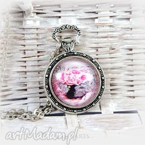 medalion - różowe róże romantyczny, zdobiony, retro, naszyjnik, zegarek