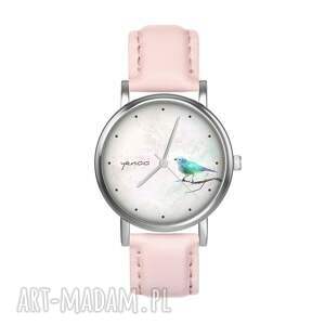 zegarki zegarek mały - turkusowy ptaszek skórzany, pudrowy róż, ptak