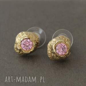 kolczyki wulkan z cyrkoniami różowymi, sztyfty srebro złocone, 925