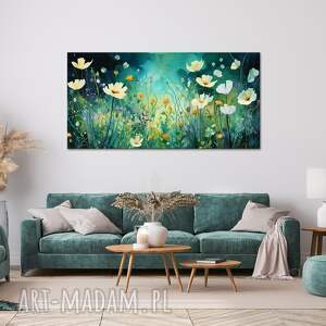 zielony obraz do salonu - poziomy łąka z białymi kwiatami wydruk