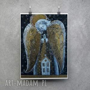 anioł z domem plakat home, angel prezent, szkło