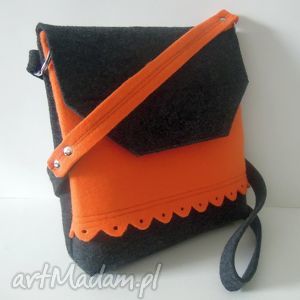 handmade na ramię grafitowo - pomarańczowa torebka z falbanką