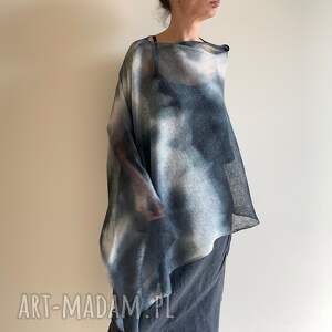 Prezent lniane biel&grafit, ponczo, narzutka dzianinowa