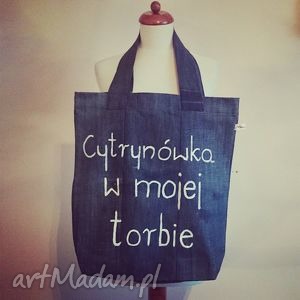 handmade na ramię dżinsowa torba z napisem cytrynówka