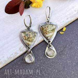 jaspis, kwarc i spokojna rzeka, srebrne kolczyki, wiszące kolczyki prezent