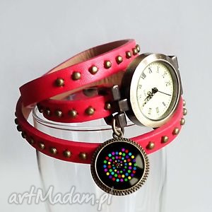 bransoletka - zegarek damski modny z zawieszką, spirale, kolorowy czerwień