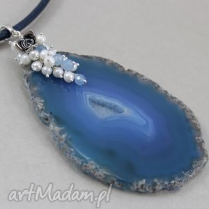 handmade naszyjniki niebieski agat perły jadeit i srebro - wisior