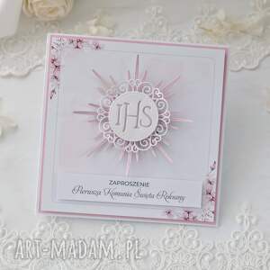 Zaproszenia komunijne dla dziewczynki biało różowe 5szt