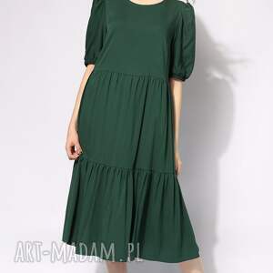 zielona sukienka z falbaną, wiskoza, lato, bufki midi, kobieta