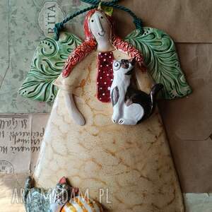 Aniołek z 3 kotami, ceramika, anioł, kot