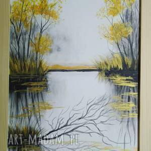 Ręcznie malowany obraz akrylowy z ramą 30x24 - Jezioro i motto